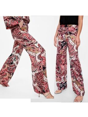 Zara Paisley print trouser dress pants pockets S retro 70’s 80’s hippie velvet